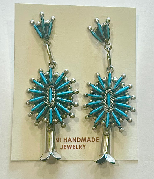 Flower Turquoise Silver Dangle Earrings
